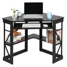 VECELO Corner Computer Desk With Keyboard Tray And Storage Shelves, Triangle Space-Saving Desk For Bedroom Or Home Office,Black - 黑色 - 查看 1