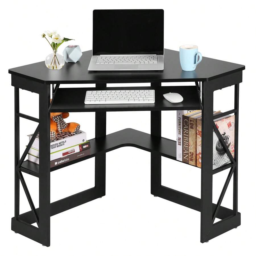 VECELO Corner Computer Desk With Keyboard Tray And Storage Shelves, Triangle Space-Saving Desk For Bedroom Or Home Office,Black - 黑色 - 查看 1