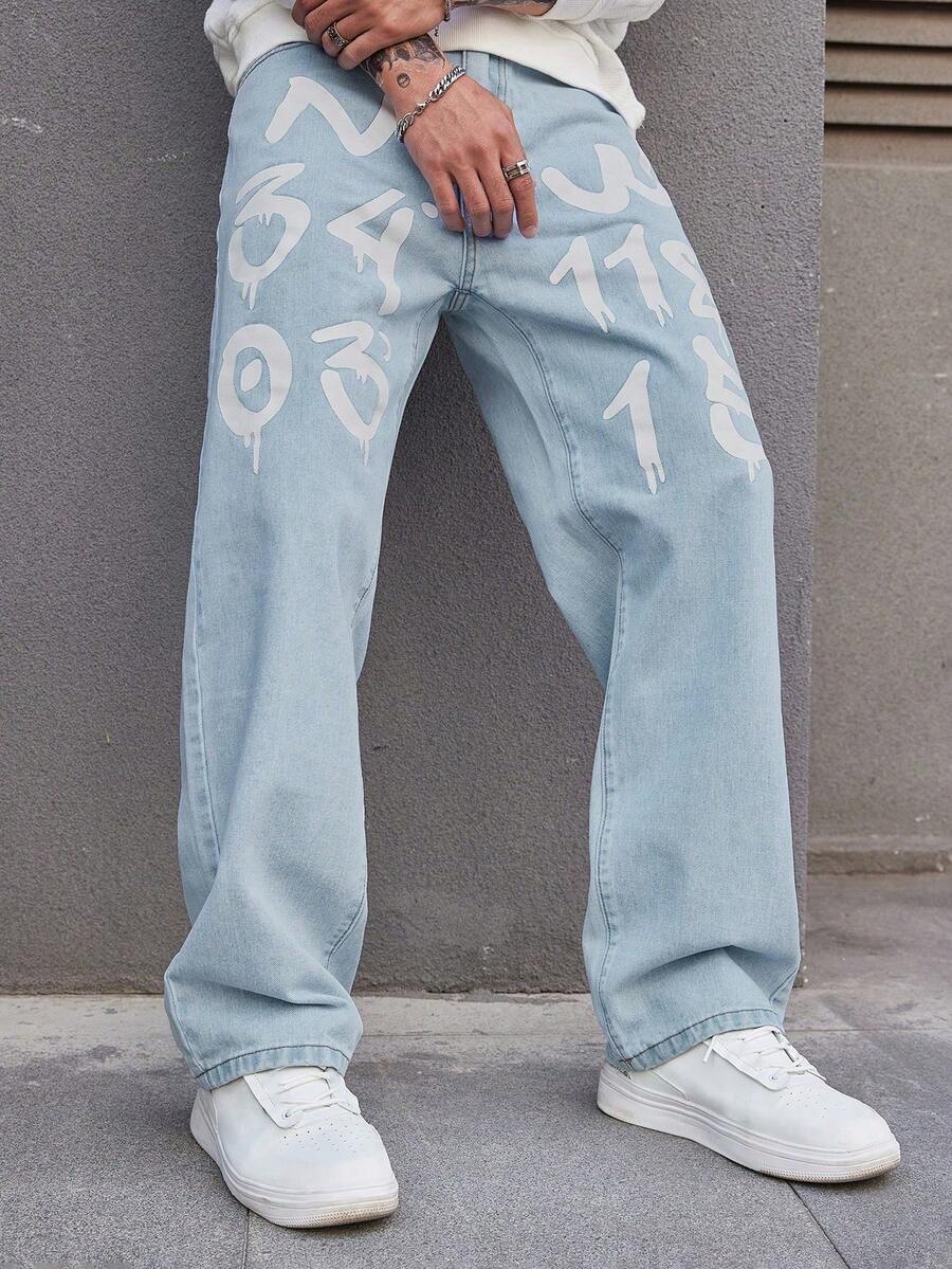 ‌Pantalones vaqueros anchos para hombre, estampado de letras blancas, look urbano y casual - Azul - Ver 1