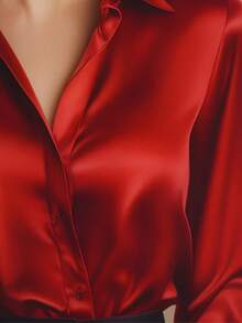 Women's Elegant Red Polyester Satin Long Sleeve Button-Up Blouse - Red - View 4