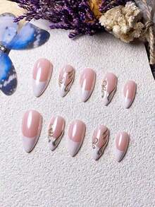10片手工杏仁白法式金不对称3D线条精致简约时尚假指甲美甲用品 - 彩色 - 查看 3