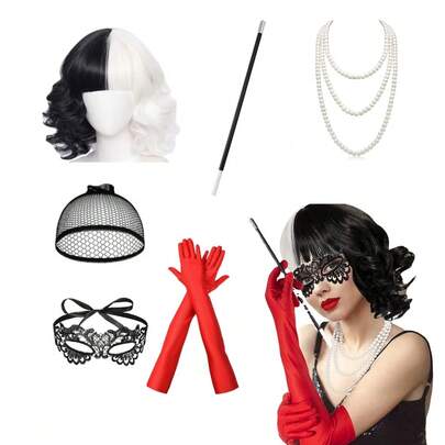 7pcs Black & White Witch Wig, Mask, Gloves, Cigarette Holder, Necklace Set, Funny Cosplay 101 Dalmatians Estella Costume Accessories, European And American Style Summer New Arrival In Stock