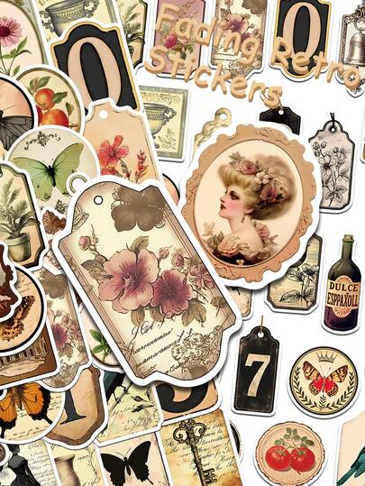 50张复古褪色花朵蝴蝶贴纸，适用于手机、笔记本电脑、剪贴簿、冰箱、吉他等DIY涂鸦，防水贴纸