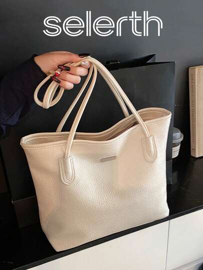 1个白色PU材质优雅简约复古绗缝精致五金配件舒适肩带顺滑拉链大容量单肩手提包，适合女士秋冬季工作、生活、日常搭配、通勤、社交聚会、商务场合、户外购物，可装手机、钱包、口红、钥匙、纸巾等物品，时尚百搭。