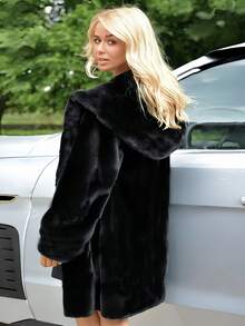 FHILLINUO 大码女式仿皮草外套，纯色带口袋，适合度假、日常穿着、旅行、下午茶、秋冬季节，时尚优雅，连帽中长款合成兔毛外套，黑色 - 黑色 - 查看 6