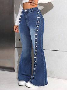 Vintage Fashionable Elegant Gentle Exquisite Design Button Fly Split Hem Women's Denim Jeans, Suitable For Casual, Commute, Travel, Date, Party All Year Round Spring - Dark Blue - View 8