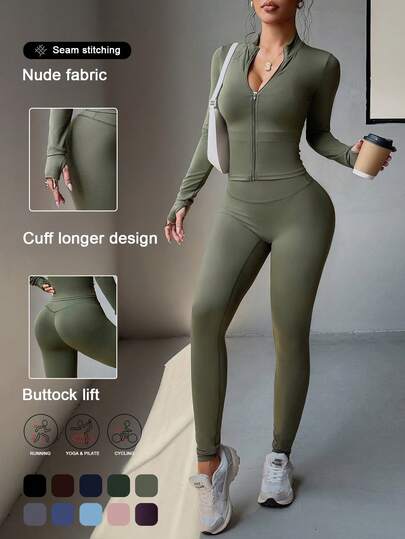 Aoqta Sports Women's Two Pieces Spring/Summer Leisure Outdoor Sports Solid Color Yoga Suit Zipper Long Sleeve Top And Slim Pants Running Fitness Suit Gym Wear Suitable For Outdoor Fitness Pilates Running Exercise