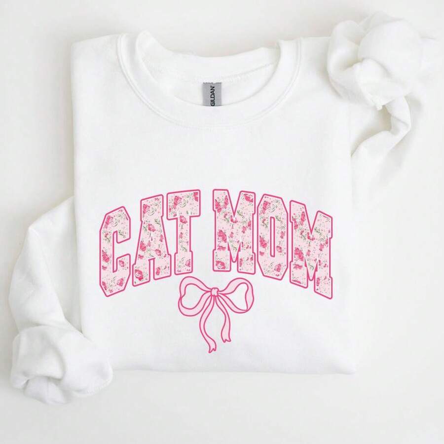 TaggedThreads Cat Mom Sweater, Coquette, Pink Bows, , Girly, Soft Girl Era Sweatshirt, Women's Crew Neck, Crewneck, Cozy Fall & Winter Styles Long Sleeve Tops - Unisex Women's & Men's Campus Daily Wear - trắng - Xem 1