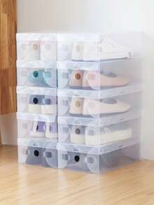 6 st genomskinliga skokartonger i plast - fukttäta, vattentäta, med ventilationshål, platsbesparande vikbar design, skokartonger för män, skokartonger för sovrum, skohyllor - Vitt - Visa 5