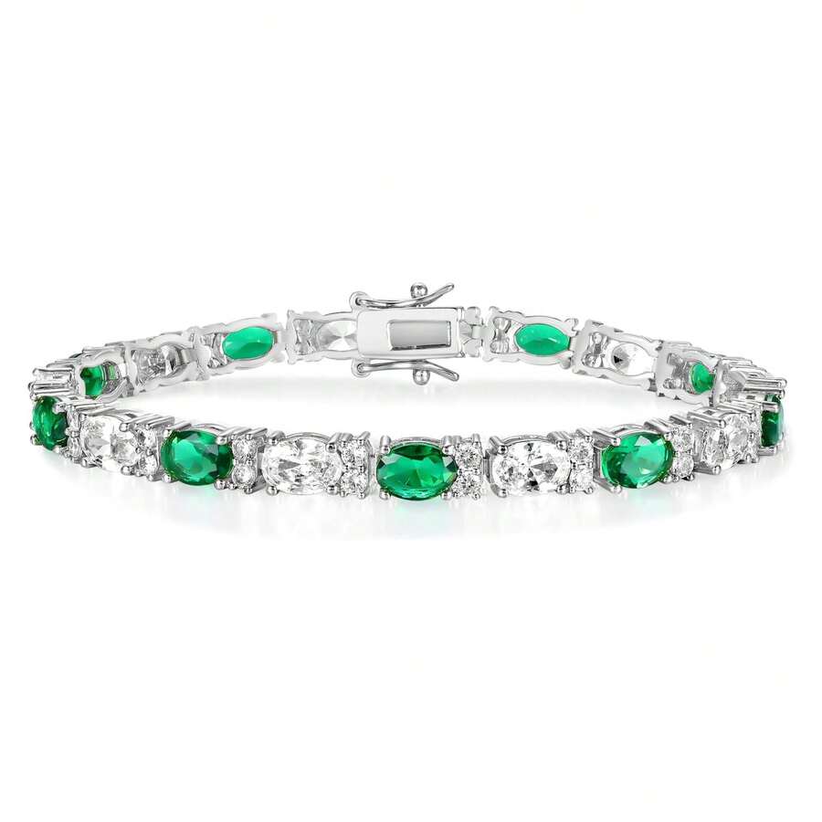 MDFUN 1pc Fashionable & Versatile Green & White Oval Zirconia Bracelet, Suitable For Women's Daily Wear