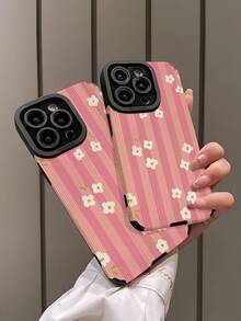 1pc Fashionable Minimalist Pink Striped Small White Flower Pattern Vertical Faux Leather Texture Anti-Slip Anti-Drop Soft Protective Phone Case Compatible With Apple And Phones (17/17 Air/17 Pro/17 Pro Max) - Multicolor - View 4