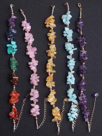 1 件天然随机不规则紫水晶玫瑰石英晶体镀金铜线手工打结七彩花朵脉轮时尚首饰女士手链礼物