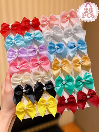 26pcs Random Color Bowknot Hair Clips, Faux Pearl Design, Best For Fixing Bangs, Side Hair, Or Braiding, Suitable For School, Outdoor, Date, Afternoon Tea, Matching Outfit Colors, Upgrade Styling, Also Suitable As Gift For Cute Girls, Fashionable Hair Accessories, Back To School