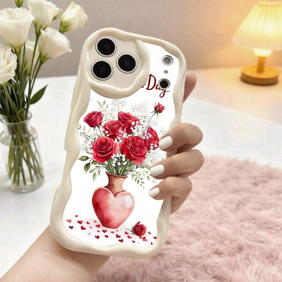 1PC Phone Case ,  Red Roses Heart Vase Petals , Stylish Phone Case, Phone Decoration, All-around Lens Protection, Creative Small Gift, Funny Gift for Boys and Girls - ホワイト - チェックする 1