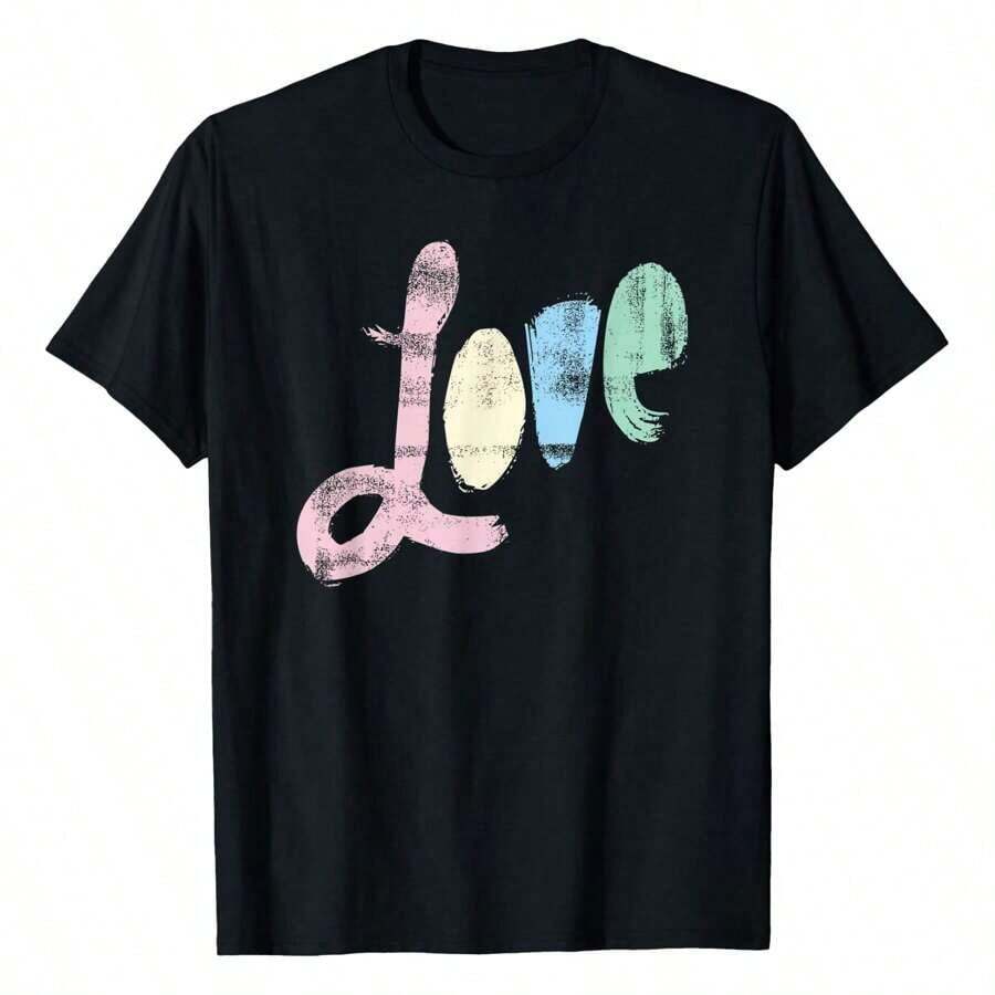 Women's Retro Style Colorful Typographic Text T-Shirt, Plus Size - 黑色 - 查看 1