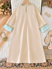 Vihyde 1pc Tween Girls Middle Eastern Festival Robe, Cream White & Blue With Golden Geometric Floral Trim, Long Sleeve - Beige - View 7