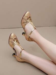 新款女士T字带炫彩搭扣拉丁舞鞋，5.5厘米中跟，室内/室外舞厅舞鞋，适用于莎莎舞、芭蕾舞、爵士舞、练习、表演，柔软轻便，舒适时尚 - 金色 - 查看 9