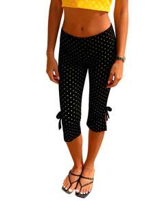 Womens Dot Print Capri Pants With Bows Mid Rise Side Split Long Shorts Tights Casual Work Leggings Sweatpants For Outdoor Office Comfy Sleepwear For Lounge And Yoga - 黑色 - 查看 4