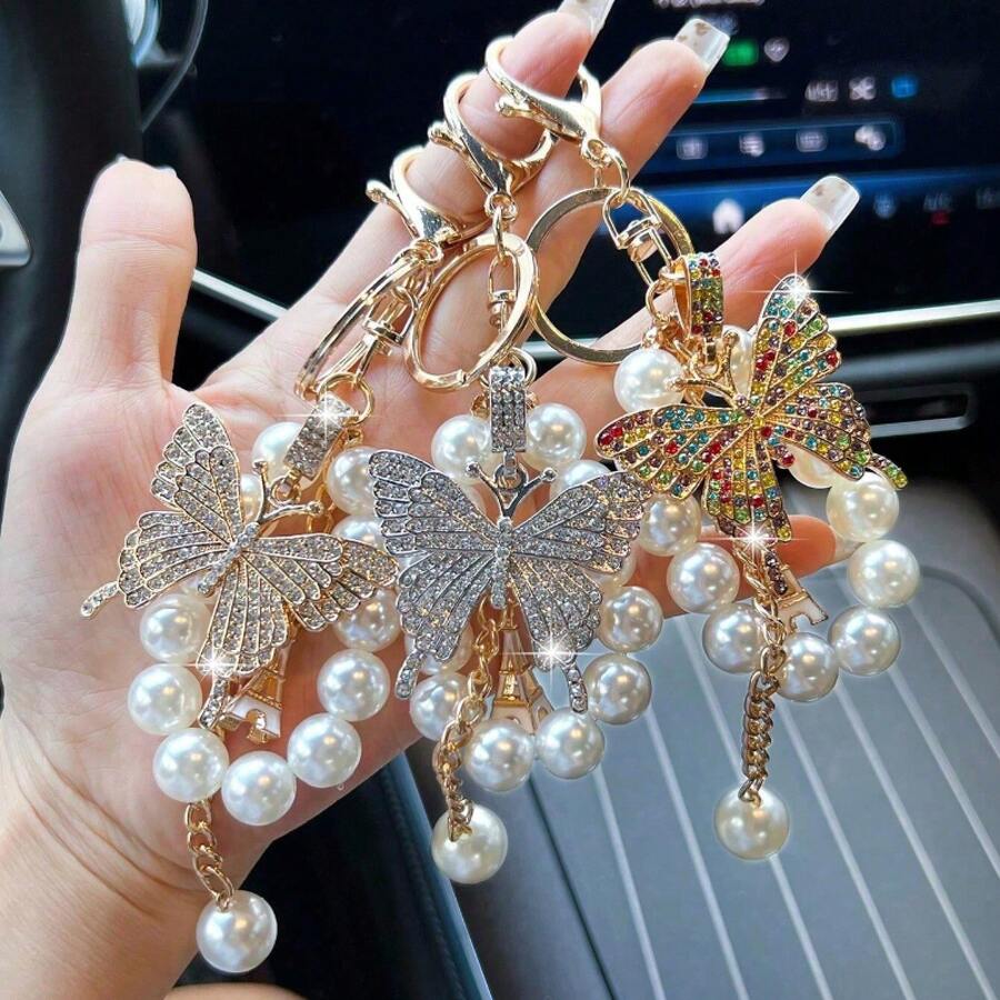 Fashion Crystal-Like Butterfly Keychain – Unisex Alloy Eiffel Tower Pendant, Car, Bag & Phone Case Accessory, Creative Gift - 蝴蝶A - 查看 1