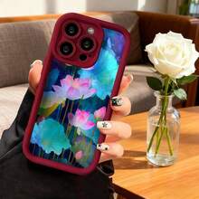 Cubierta de telefono con borde negro y diseño de flores de loto en tonos rosados y turquesa para iPhone 14 Pro Max estilo elegante para uso diario y regalo - Café integral - Ver 5