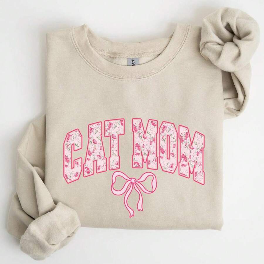 TaggedThreads Cat Mom Sweater, Coquette, Pink Bows, , Girly, Soft Girl Era Sweatshirt, Women's Crew Neck, Crewneck, Cozy Fall & Winter Styles Long Sleeve Tops - Unisex Women's & Men's Campus Daily Wear - Màu be - Xem 1