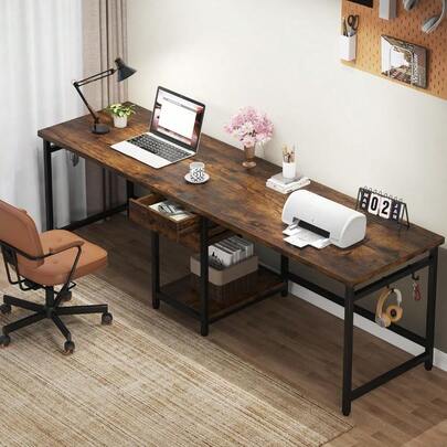 200 Cm Long Desk Double Computer Desk With 2 Drawers Two Person Desk Workstation With Storage Shelves Writing Table Study Desk For Home Office Rustic Brown