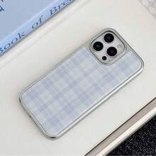 DECOPHONE 1个格子图案韩式时尚树脂电镀银边手机壳，兼容苹果/安卓系统，简约复古经典防水防震防摔防刮花 - 藍色 - 查看 4