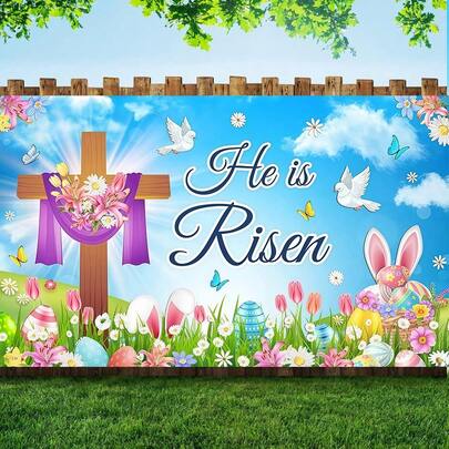 1pc Spring Easter Backdrop Banner, "He Has Risen" Banner, Featuring Flowers, Bunnies, Colorful Eggs, And A Religious Cross; Photo Backdrop, Party Decoration, Suitable For Easter Party Decorations And Banners; Suitable For Indoor And Outdoor Garden And Patio Decorations.