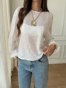 New White Sequin Sheer Blouse, Elegant Round Neck Lantern Sleeve Design, Button Back Loose Flattering Soft Casual Long Sleeve Shirt For Women - White - View 7