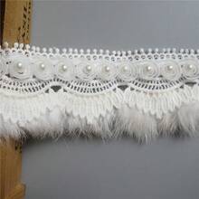 Adorno de encaje peludo de felpa blanca con flores de rosa de perlas falsas bordadas, cinta de encaje para coser y decorar vestidos de novia y ropa, 6 cm de ancho