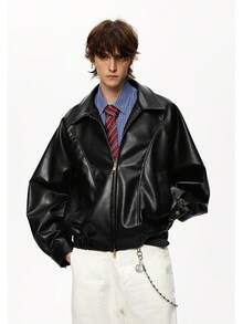 High End Black Lapel Leather Jacket Men's Style American Retro PU Leather Short Jacket Top - 黑色 - 查看 2