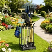 Garden Tool Organizer For Garage, Utility Storage Racks With Hooks, Metal Yard Tool Stand Holder Organizer For Long-Handled, Broom, Shovel, Rake, Sturdy Heavy Rack For Outdoor, Yard, Black, Storage Racks, Garage Organization, Outdoor Tool Rack
