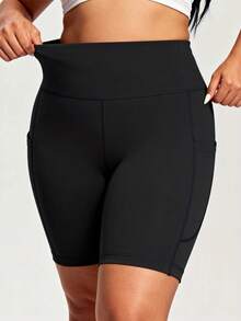 Plus Size Women High Waist Yoga Shorts With Pockets, Butt Lifting Workout Running Fitness Shorts - Black - View 2