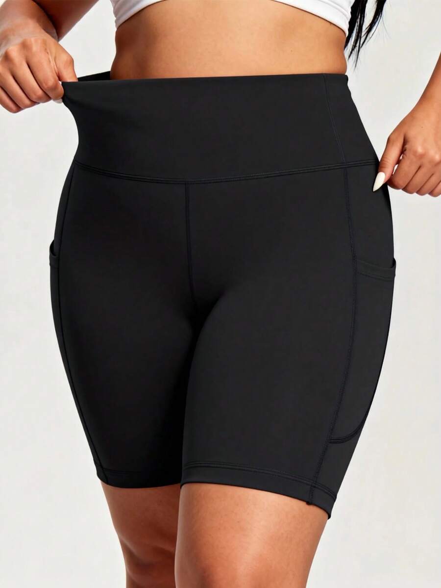 Plus Size Women High Waist Yoga Shorts With Pockets, Butt Lifting Workout Running Fitness Shorts