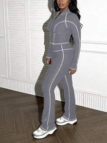 Bộ đồ thể thao hai mảnh màu xám co giãn cao cỡ lớn có cổ và viền trắng - Màu Xám nhạt - Xem 3