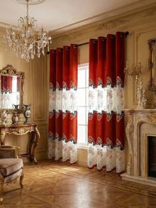 1pc Double Row European Flower Embroidered Perforated Curtain, Luxury Hollow Embroidered Perforated Curtain In European Style, Suitable For Living Room, Bedroom, Dining Room, Kitchen Windows, Home Decor - Red - View 3