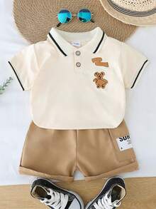 婴幼儿夏季卡通熊领短袖短裤套装 - 杏色 - 查看 1