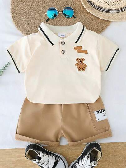 婴幼儿夏季卡通熊领短袖短裤套装