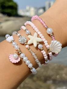 5pcs/Set Minimalist Starfish, Bead, Bowknot, Seashell Charm Bracelet Set, Versatile Beach Holiday Accessories, Perfect Gift (Handmade Beads Quantity May Vary Slightly) - 30848-bra-pink-eP - View 2