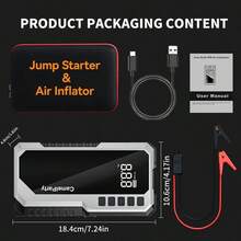 Car Jump Starter With Air Pump, Ultra- Car Battery Starter, 12V Jump Starter Battery Pack, 5000A Battery Booster, Emergency Power Box, Portable Charger And Jumper Cables, Suitable For 2.11 Gallon Gasoline And 1.72 Gallon Engines, Portable Car Jump Starter. - 紅色 - 查看 7