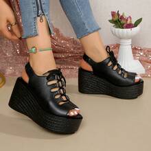 女士厚底系带凉鞋，沙滩/运动交叉绑带，舒适轻便，适合度假、春夏、旅行必备 - 黑色 - 查看 6