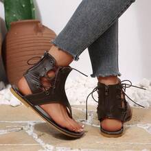 Women's Fashion Flat Thong Lace-Up Back Zipper Low Heel Roman Sandals - Brown - View 7