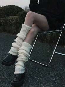 1 Pair Women Solid Color Vertical Striped Warm Decorative Cute Leg Warmers, Suitable For Spring, Autumn And Winter - trắng - Xem 5