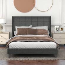 Upholstered Bed With Its Padded Headboard, Double Bed With Slatted Frame, 140x200cm, In Grey Linen, Medium Firm (With Spring Mattress) - Grey - View 7