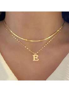 2pcs Minimalist Stainless Steel Letter Necklace Set, Women Herringbone Chain, Lip Shaped Chain, Multi-Layer Letter Necklace - Gold-3 - View 4