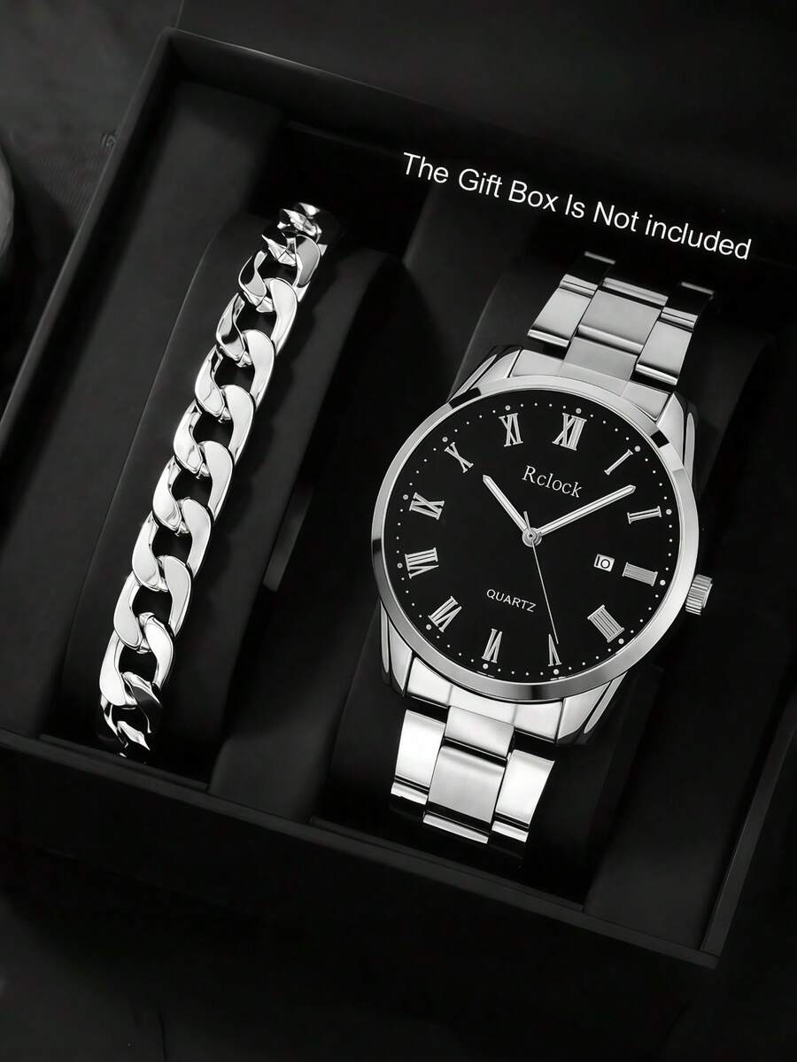 4件套男士手表，时尚男士石英表及手链套装，不锈钢材质，休闲时尚，罗马数字表盘，日历功能，石英日历表，商务及珠宝配饰，嘻哈手链套装。适合日常佩戴、生日礼物、派对及节日庆典。是情人节、新年、生日及圣诞节的理想礼物之选。不含包装盒。 - 銀色 - 查看 1