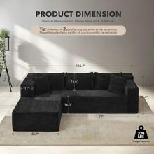 Techigher Modular Sectional Sofa, Modern Corduroy Couches With L-Shape Chaise For Living Room Bedroom (Left Facing Chaise) - Black - View 4