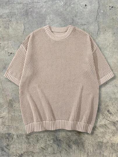 Camiseta de punto de manga corta con cuello redondo básica, vintage y holgada de unicolor, semi-transparente y hueca para hombre, ideal para el día a día en primavera/verano