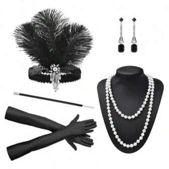 5pcs 1920s Charleston Retro Party Accessories Set For Women: Faux Pearl Necklace, Earrings, Long Gloves, Feather Headpiece, Suitable For Women's Halloween Party Costume