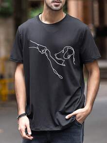 男士夏季狗印花圆领短袖休闲 T 恤